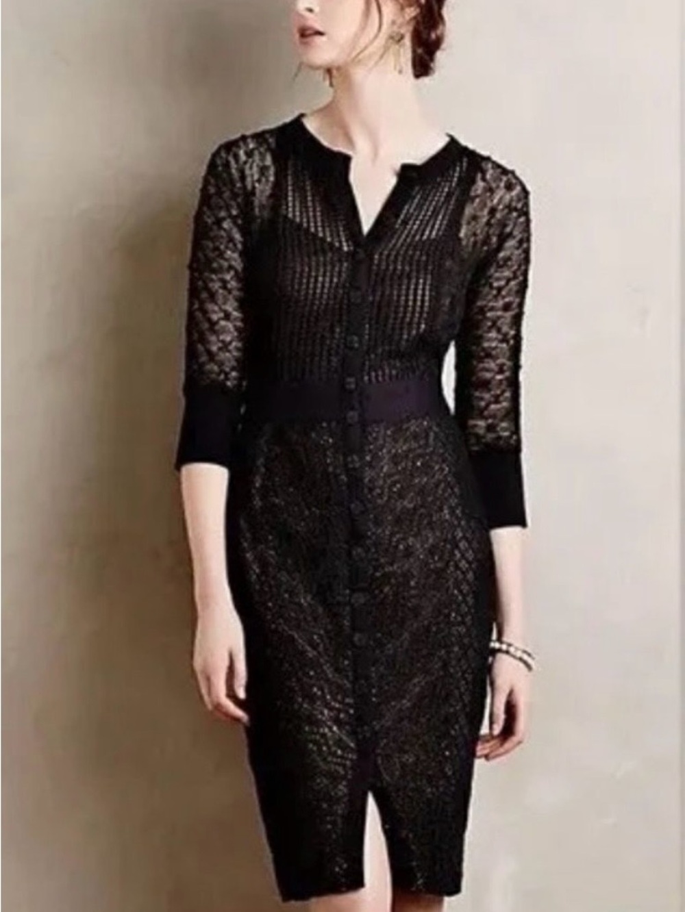 Byron Lars Beguile Mona Black Lace Button-Front Sheath Dress; Size 2